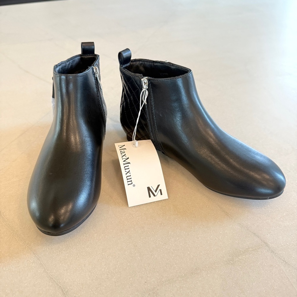 NWT MaxMuxun Black Faux Leather Ankle Boots Side Zip Quilted Size 6 - Picture 2 of 12